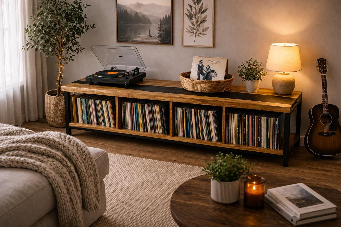 Oak Vinyl Storage Console – Black Epoxy Turntable Stand, Custom Record Cabinet