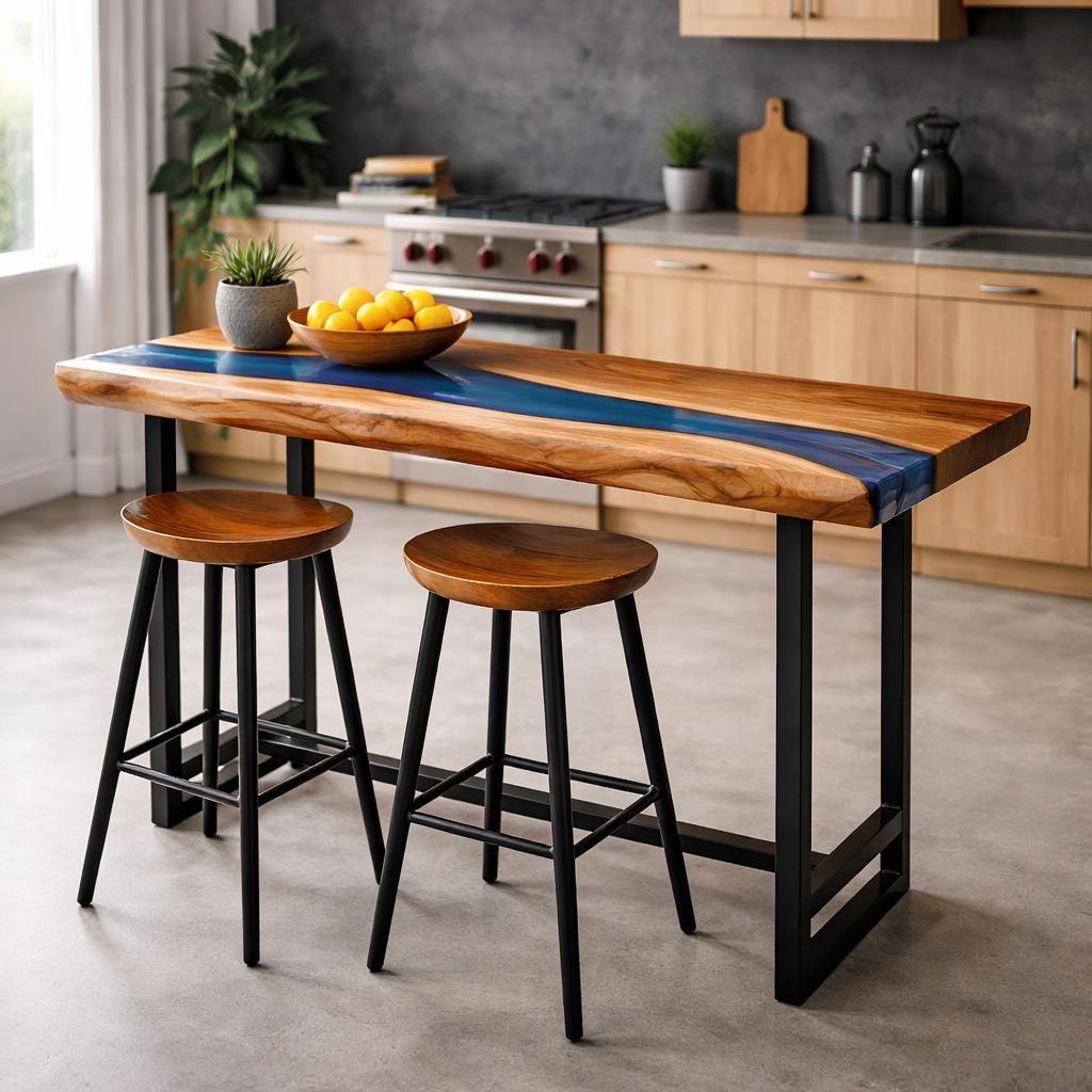 Tall Narrow Dining Table – Live Edge Oak Epoxy High Top Table, Custom Size