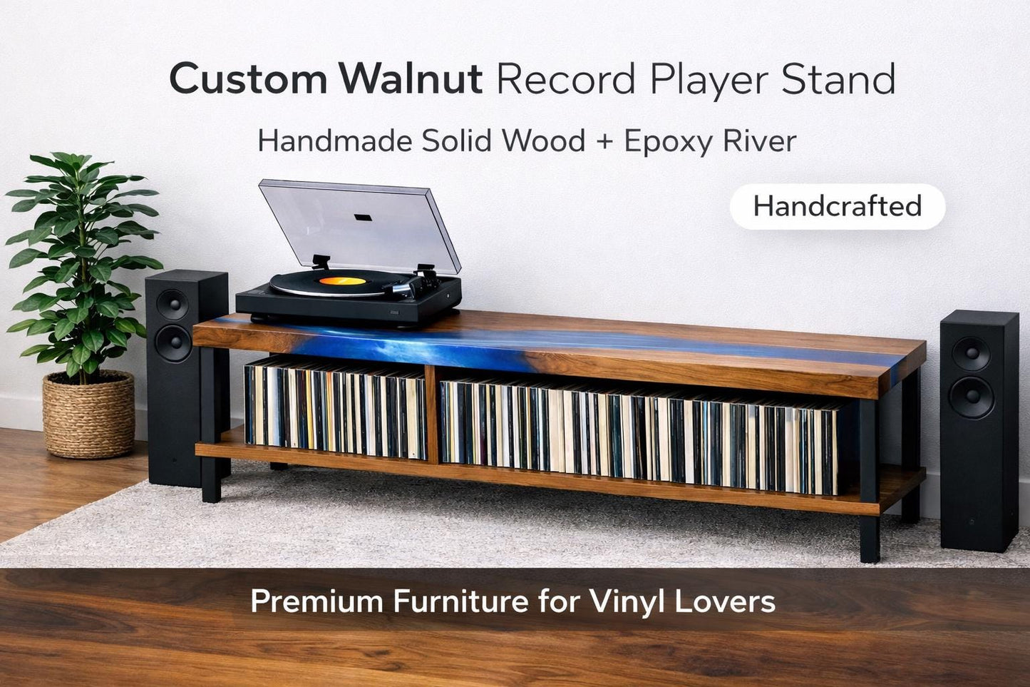 Record Player Stand with Vinyl Storage – Walnut Epoxy Turntable Console, Custom LP Cabinet