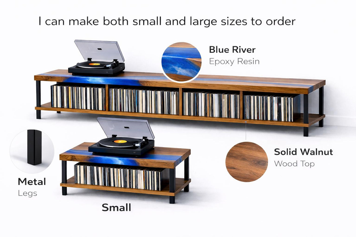 Record Player Stand with Vinyl Storage – Walnut Epoxy Turntable Console, Custom LP Cabinet