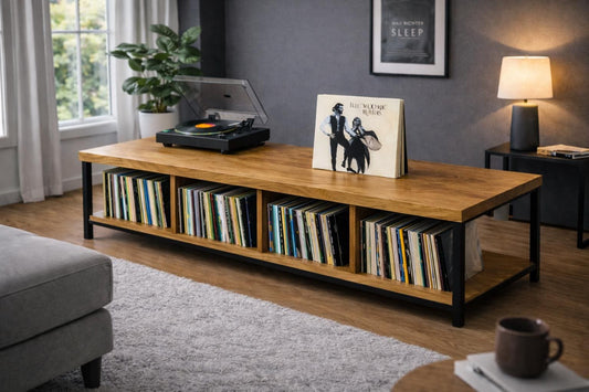 Record Player Stand, Solid Oak Vinyl Storage Cabinet, TV Stand, Low Media Console
