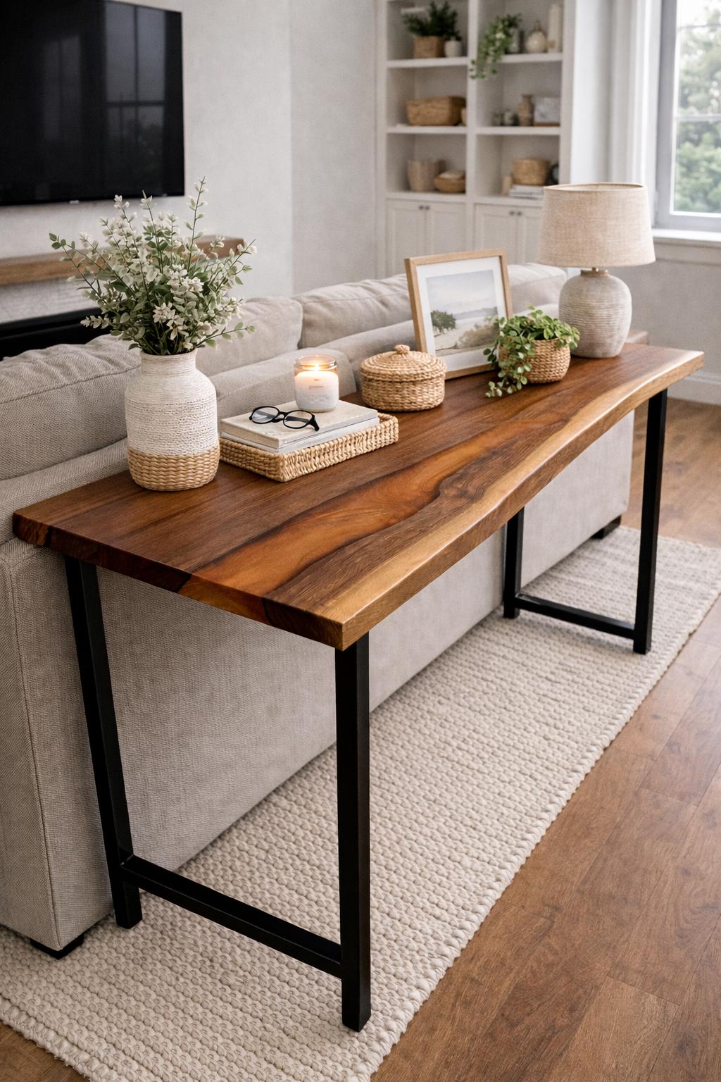 Behind Couch Table, Live Edge Walnut Sofa Console, Narrow Epoxy Table, Custom Hallway Furniture
