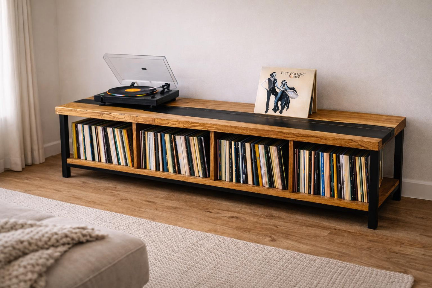 Oak Vinyl Storage Console – Black Epoxy Turntable Stand, Custom Record Cabinet