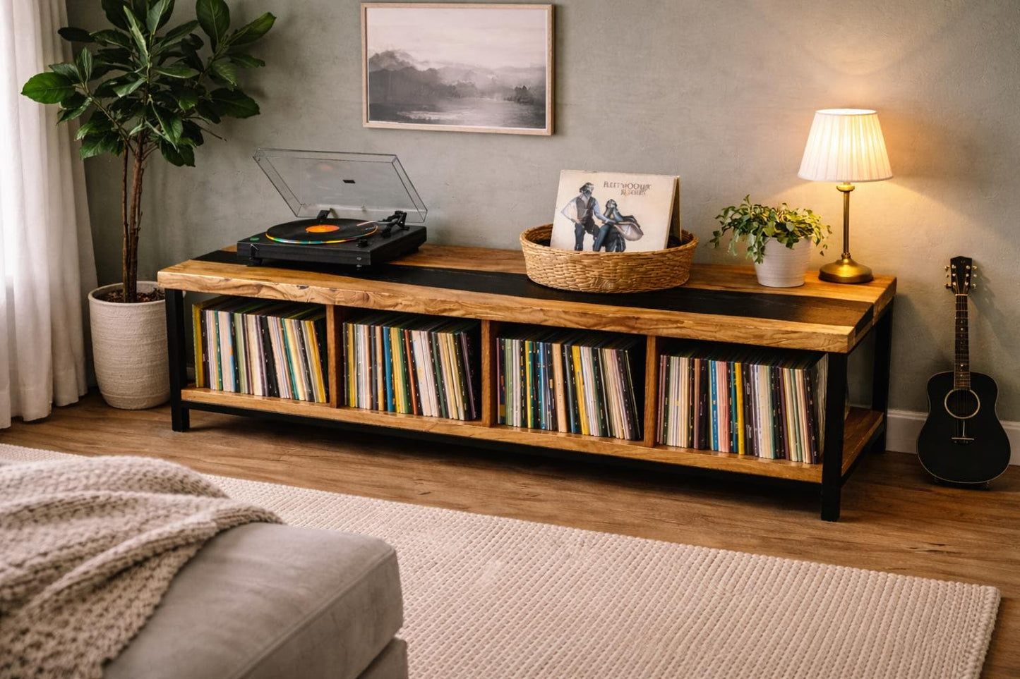 Oak Vinyl Storage Console – Black Epoxy Turntable Stand, Custom Record Cabinet