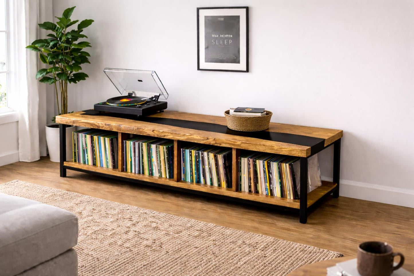 Oak Vinyl Storage Console – Black Epoxy Turntable Stand, Custom Record Cabinet