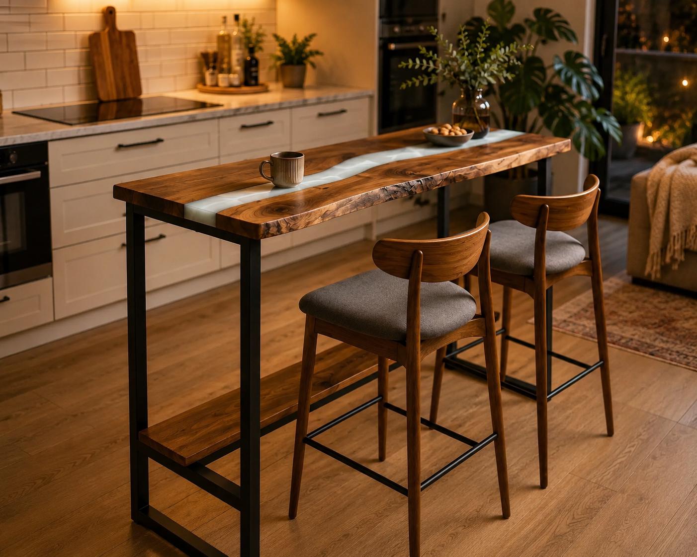 Walnut Breakfast Bar – Epoxy Kitchen Island, Counter Height Solid Wood Dining Table