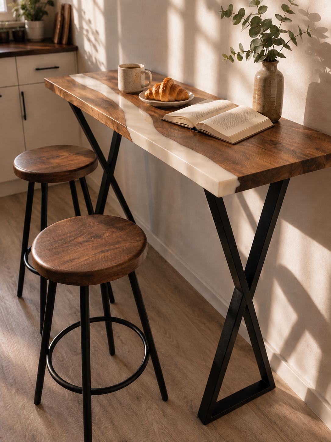 White Epoxy Narrow Dining Table – Walnut Counter Height Breakfast Bar, Small Kitchen Table