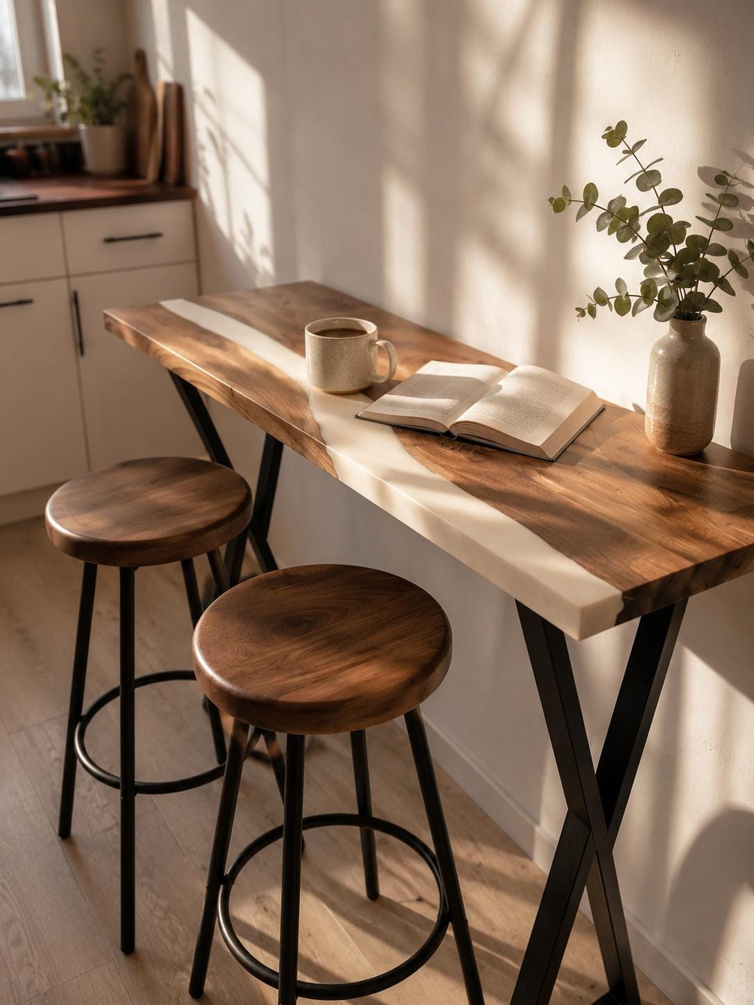 White Epoxy Narrow Dining Table – Walnut Counter Height Breakfast Bar, Small Kitchen Table