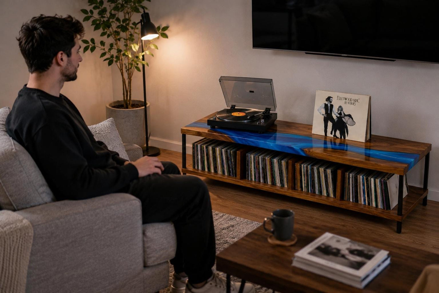 Record Player Stand with Vinyl Storage – Walnut Epoxy Media Console – Handmade Turntable Cabinet
