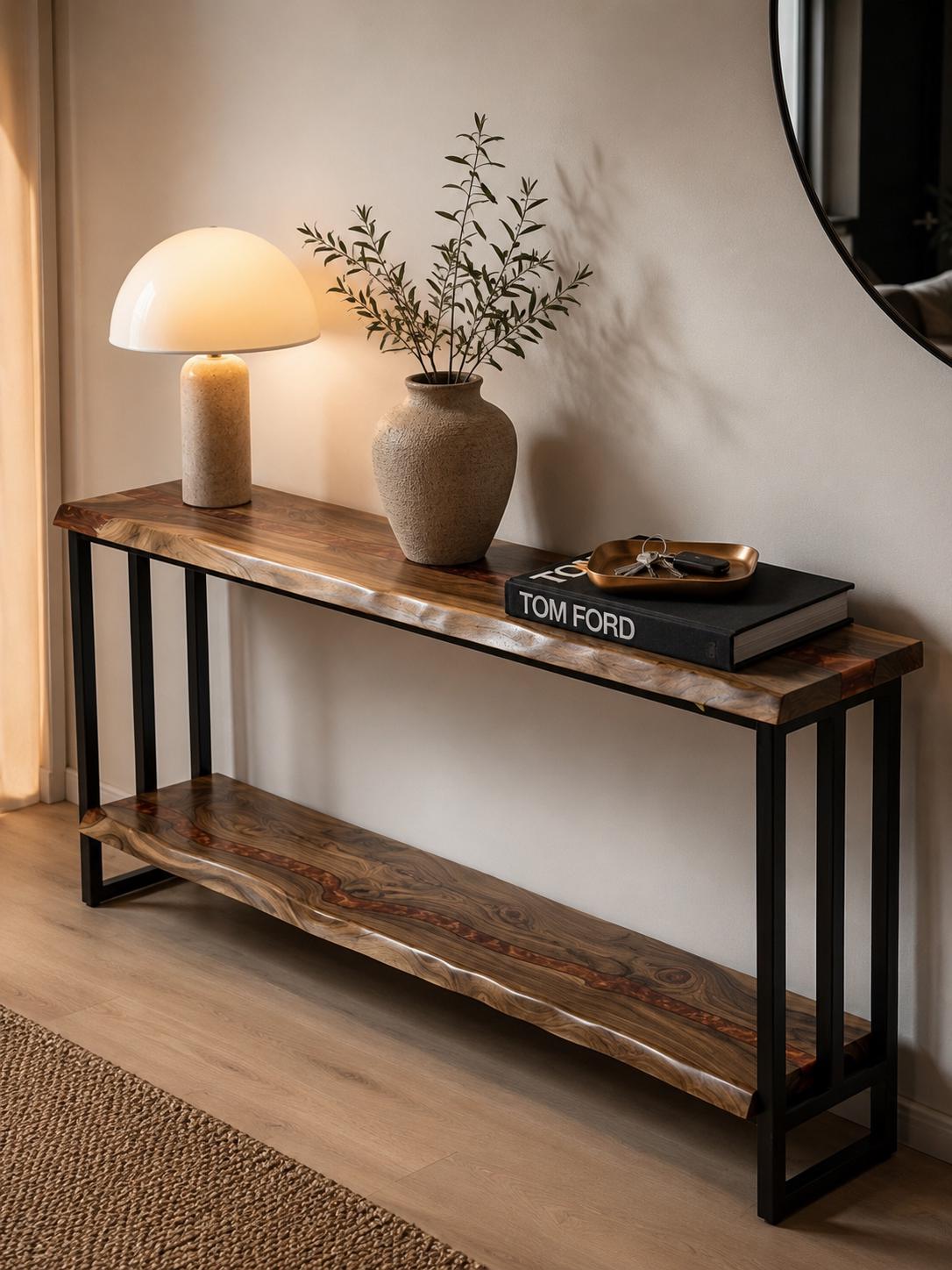 Handmade Walnut Live Edge Console Table with Shelf – Modern Entryway Sofa Table