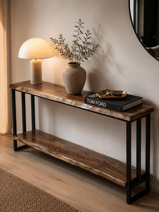Handmade Walnut Live Edge Console Table with Shelf – Modern Entryway Sofa Table