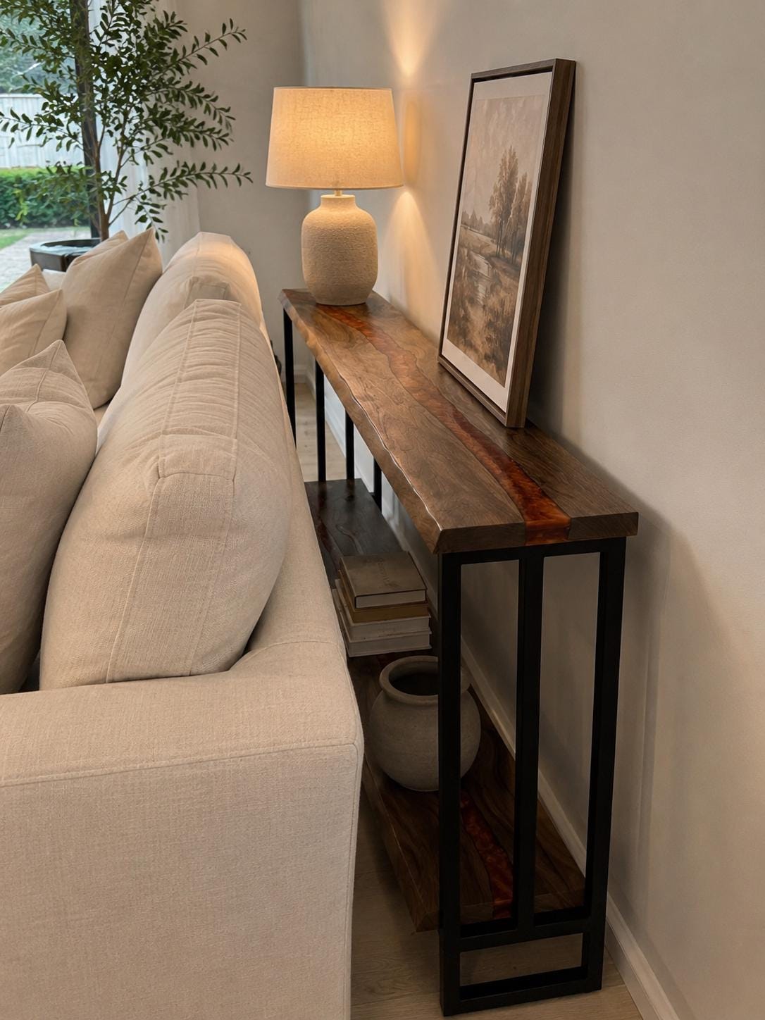 Handmade Walnut Live Edge Console Table with Shelf – Modern Entryway Sofa Table