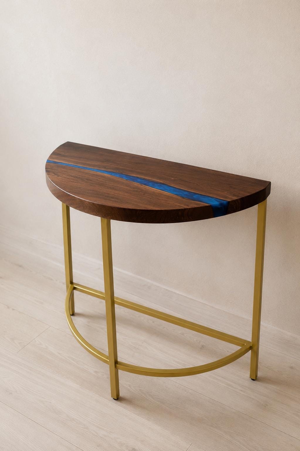Half Moon Entryway Table – Curved Walnut Console, Slim Epoxy Wall Table for Small Hallway