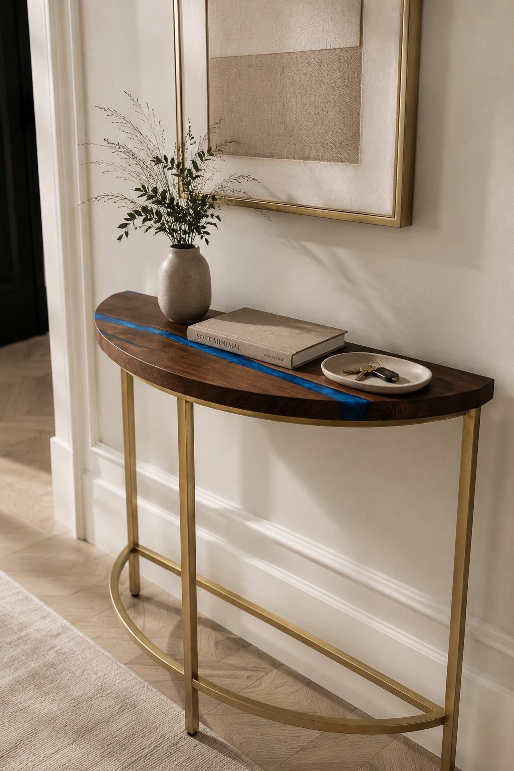 Half Moon Entryway Table – Curved Walnut Console, Slim Epoxy Wall Table for Small Hallway