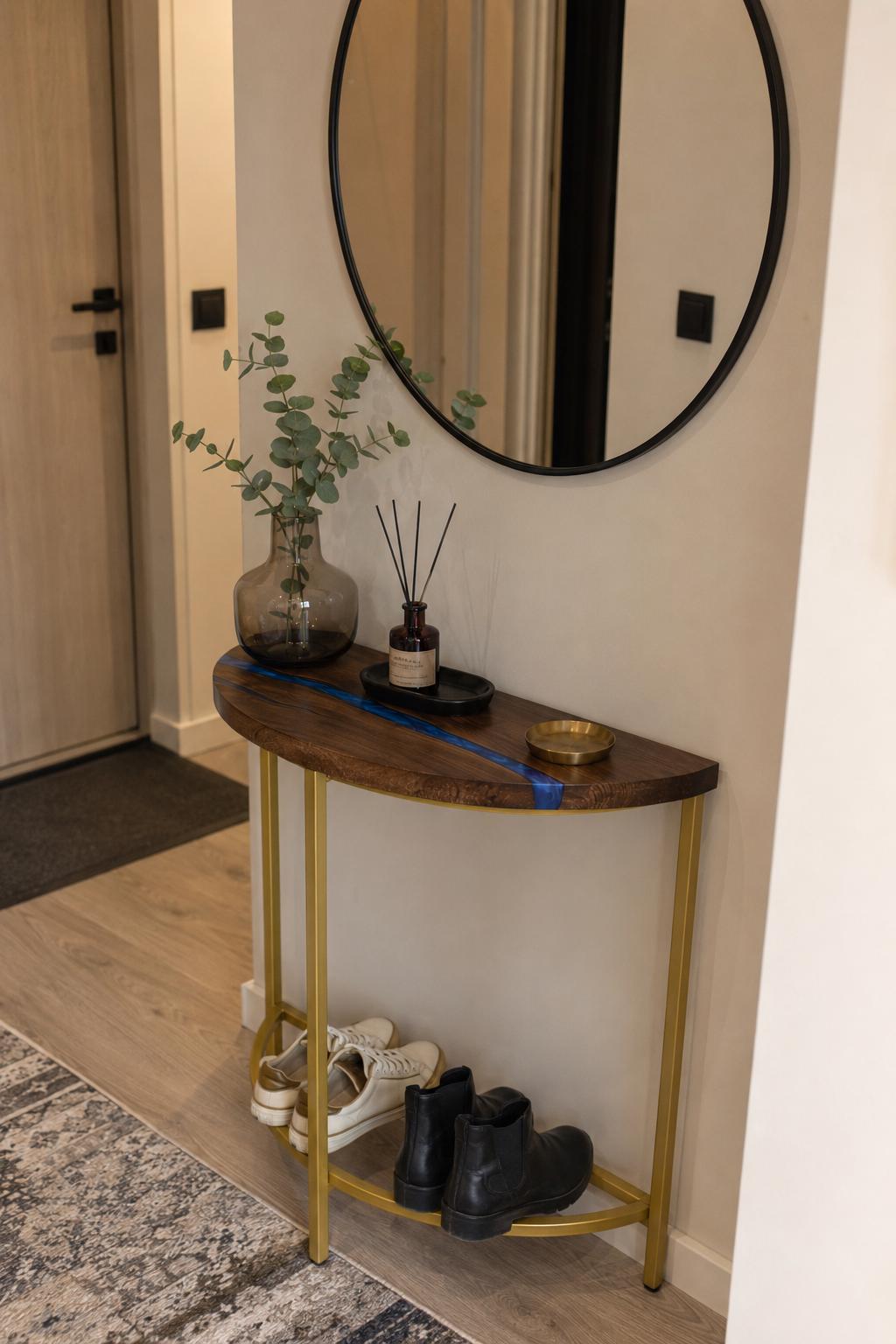 Half Moon Entryway Table – Curved Walnut Console, Slim Epoxy Wall Table for Small Hallway