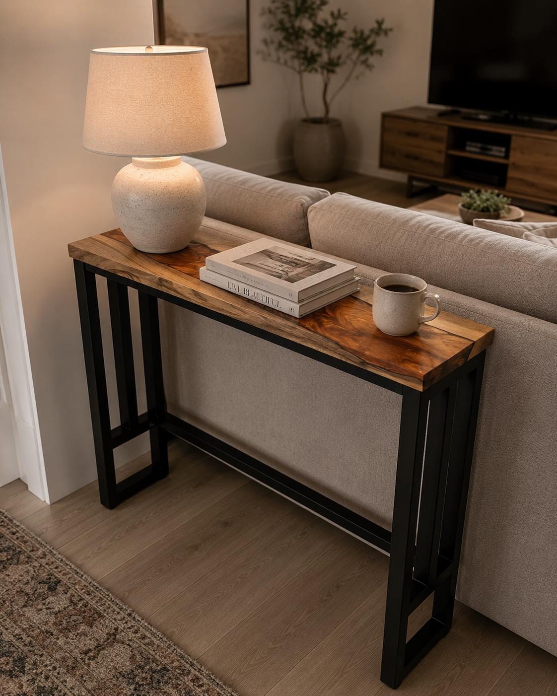 Narrow Console Table – Slim Walnut Sofa Table, Live or Straight Edge