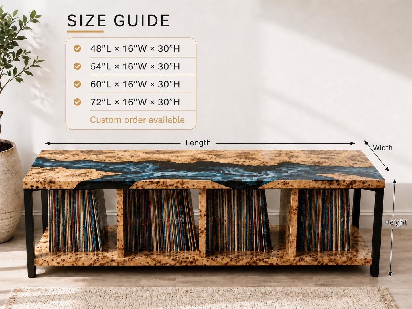 Record Player Stand – Ocean Resin Vinyl Storage Cabinet with Metal Base