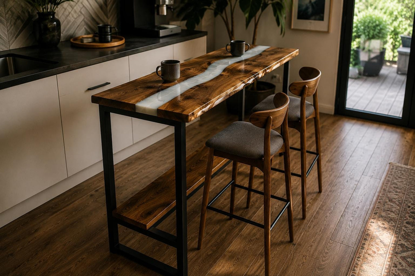 Walnut Breakfast Bar – Epoxy Kitchen Island, Counter Height Solid Wood Dining Table