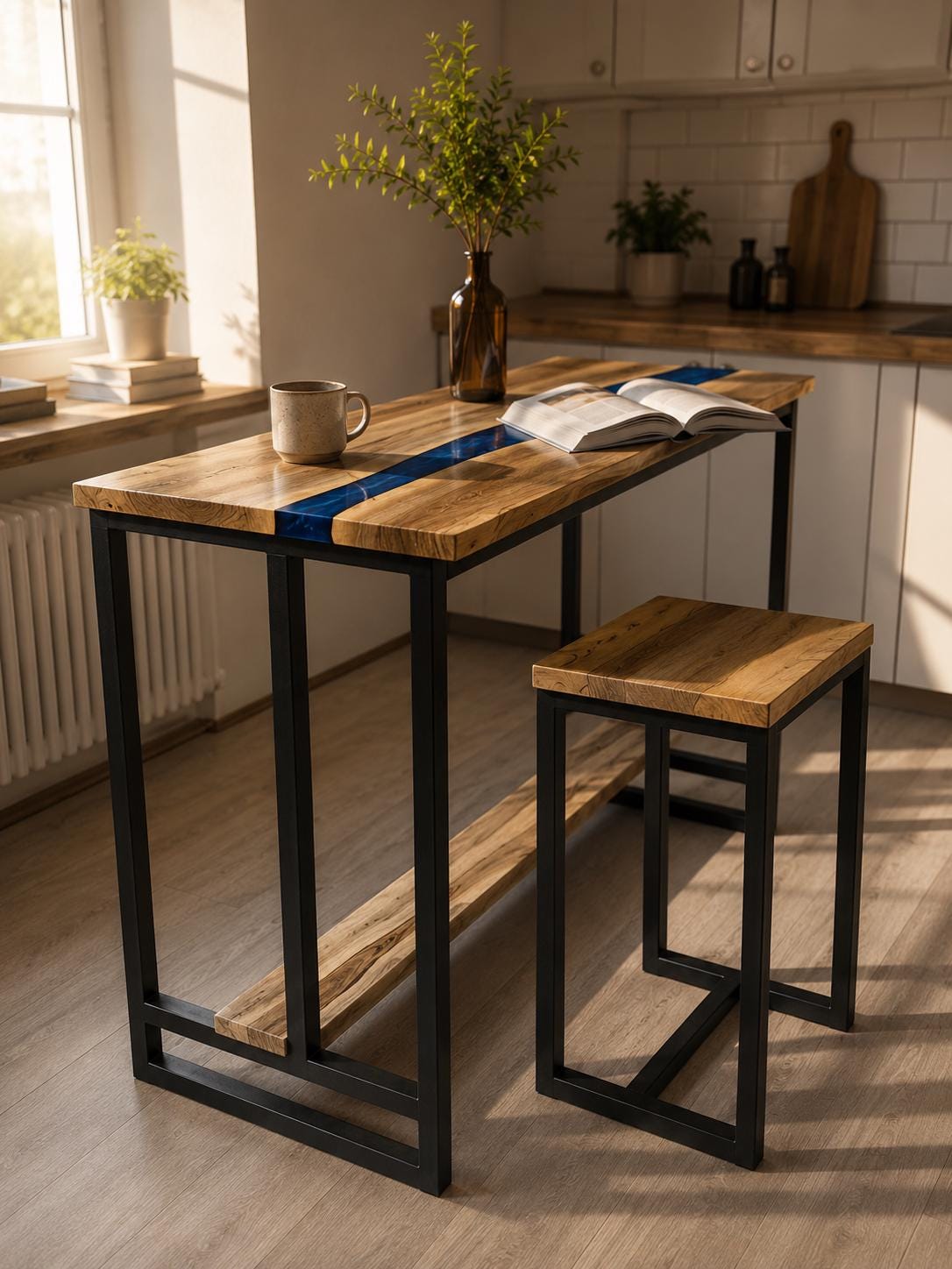 Walnut Counter Table with Footrest Shelf – Cobalt Epoxy Slim Pub Table for Apartment