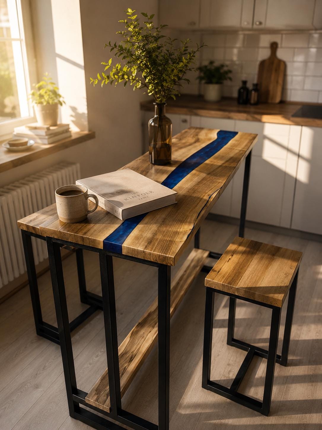 Walnut Counter Table with Footrest Shelf – Cobalt Epoxy Slim Pub Table for Apartment