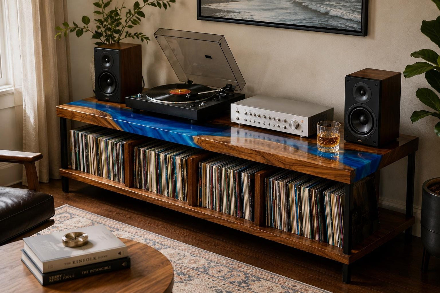 Record Player Stand with Vinyl Storage – Walnut Epoxy Media Console – Handmade Turntable Cabinet