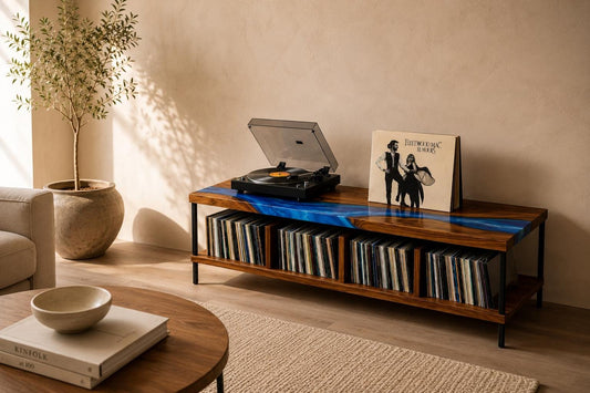 Record Player Stand with Vinyl Storage – Walnut Epoxy Media Console – Handmade Turntable Cabinet