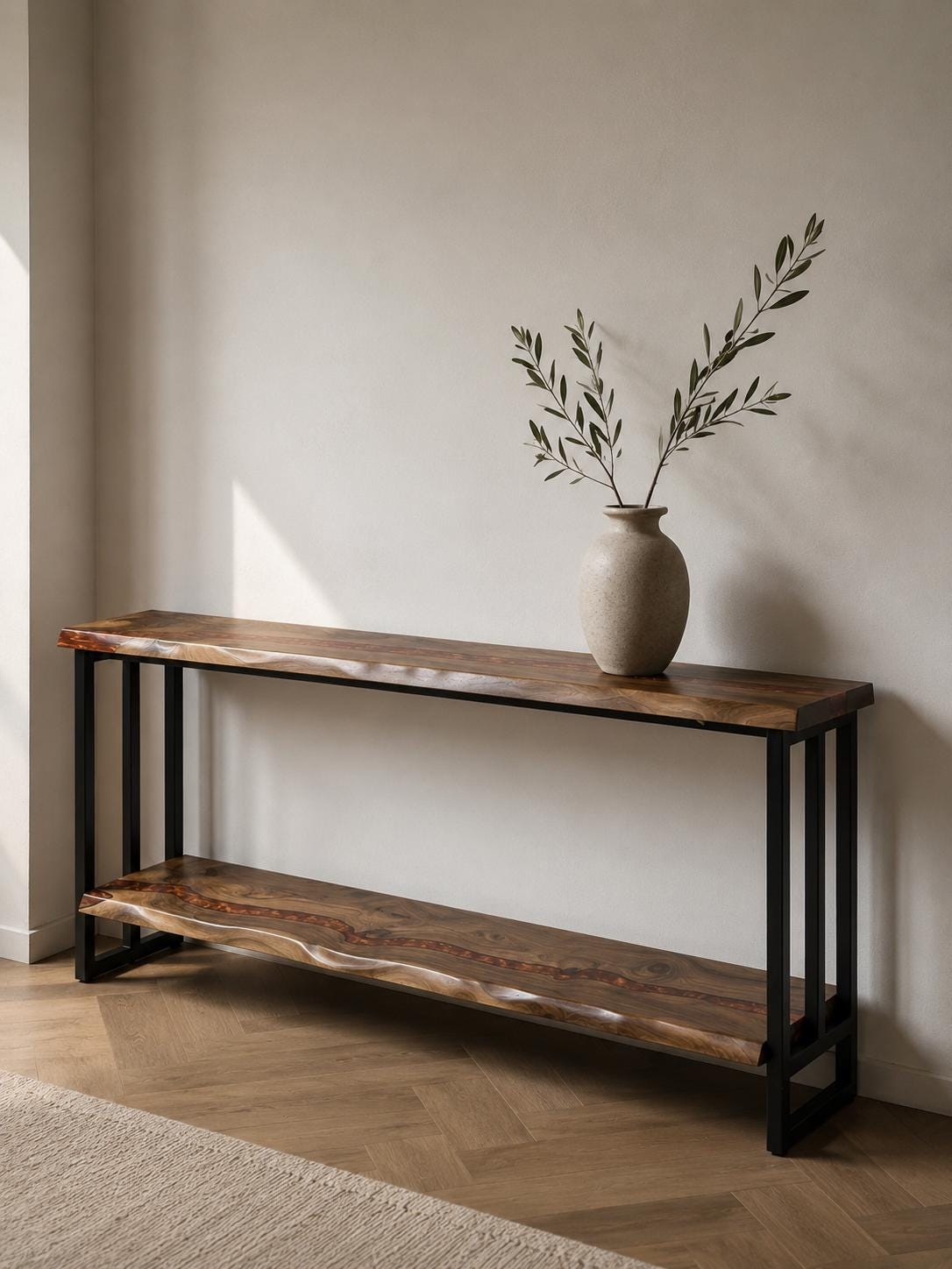 Handmade Walnut Live Edge Console Table with Shelf – Modern Entryway Sofa Table