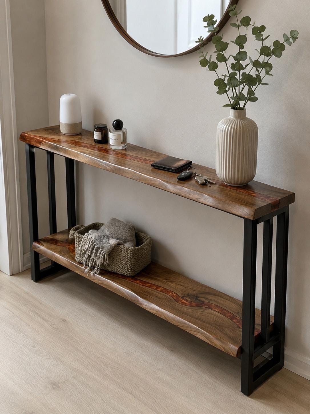 Handmade Walnut Live Edge Console Table with Shelf – Modern Entryway Sofa Table