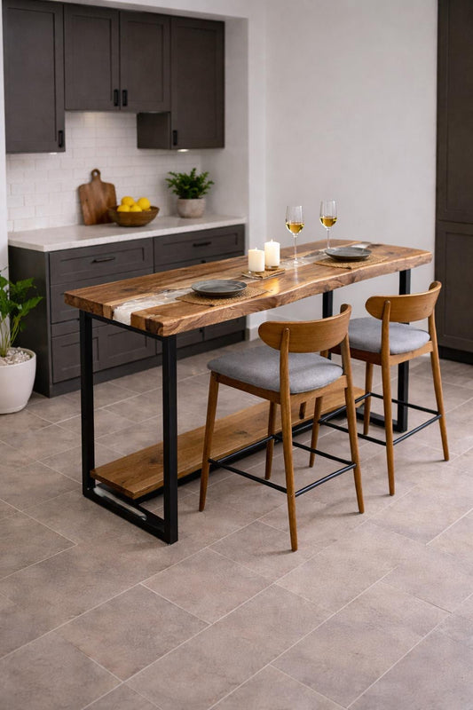 Walnut Bar Table – Counter Height Kitchen Island, Live Edge Breakfast Bar, Custom Size, Epoxy Resin, Metal Base, Footrest