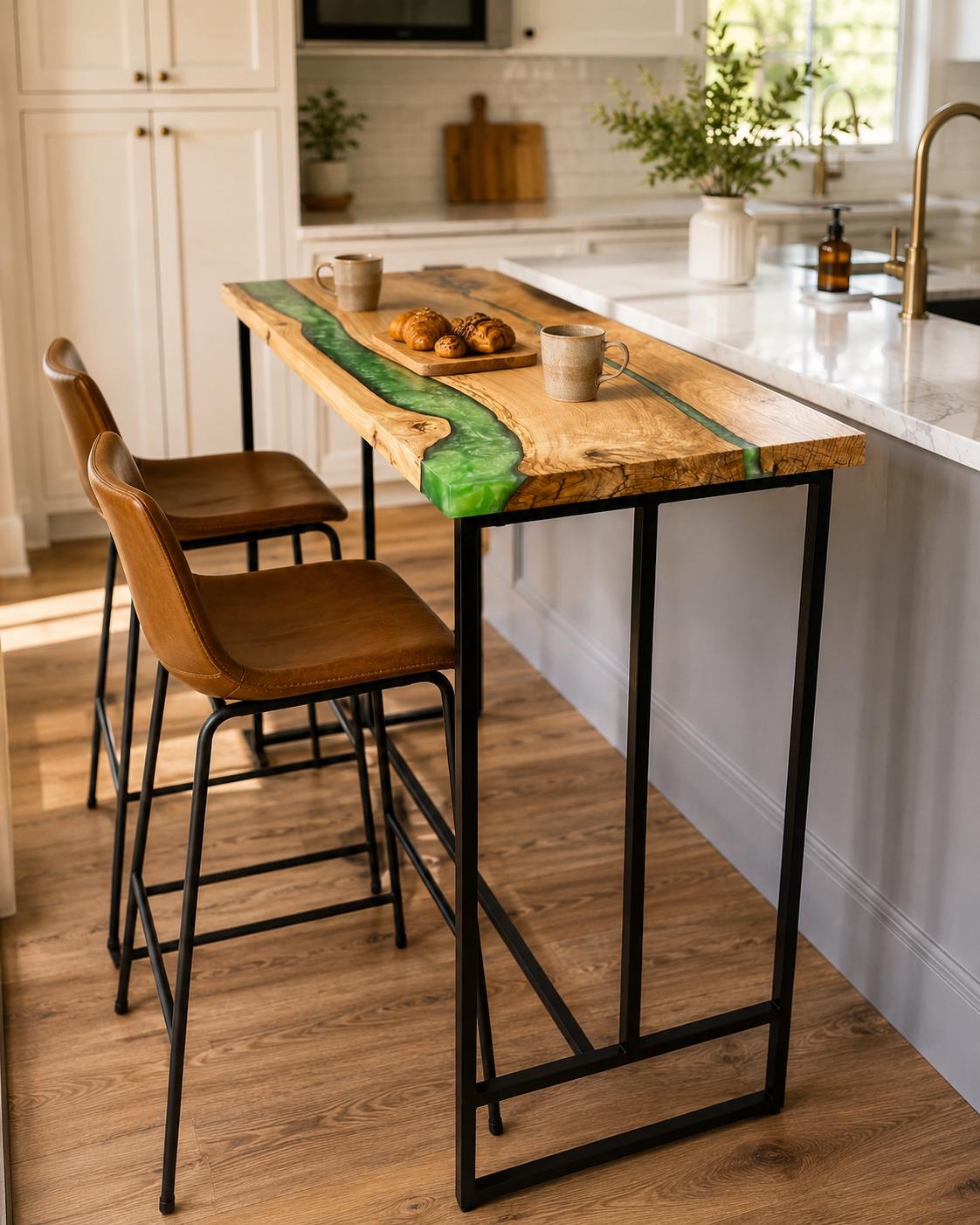 Counter Height Kitchen Island – Oak Epoxy Breakfast Bar with Footrest, Custom Size