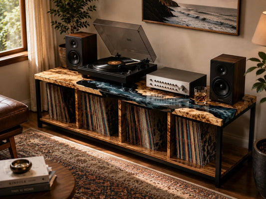 Record Player Stand – Ocean Resin Vinyl Storage Cabinet with Metal Base