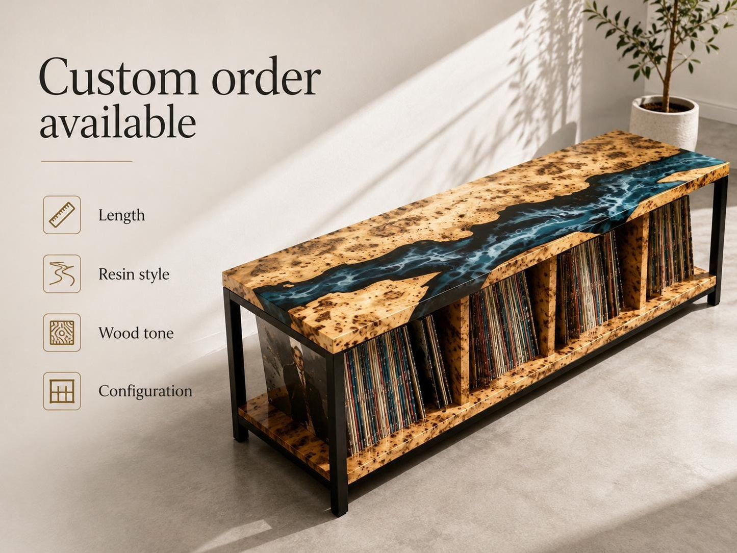 Record Player Stand – Ocean Resin Vinyl Storage Cabinet with Metal Base