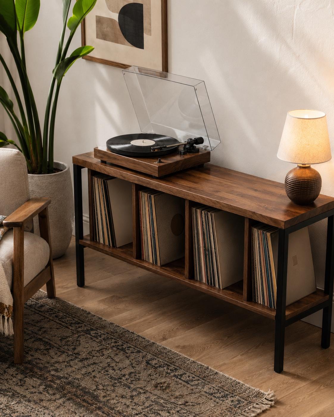 Solid Walnut Vinyl Console, LP Storage Cabinet, Turntable Stand, Steel Frame