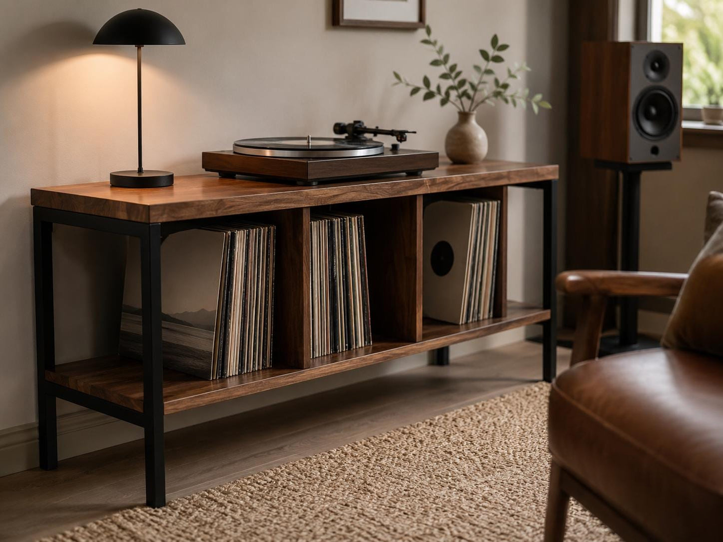 Solid Walnut Vinyl Console, LP Storage Cabinet, Turntable Stand, Steel Frame