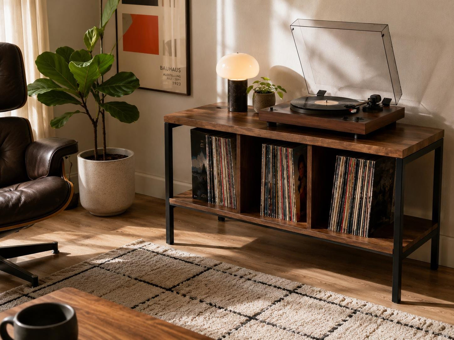 Solid Walnut Vinyl Console, LP Storage Cabinet, Turntable Stand, Steel Frame