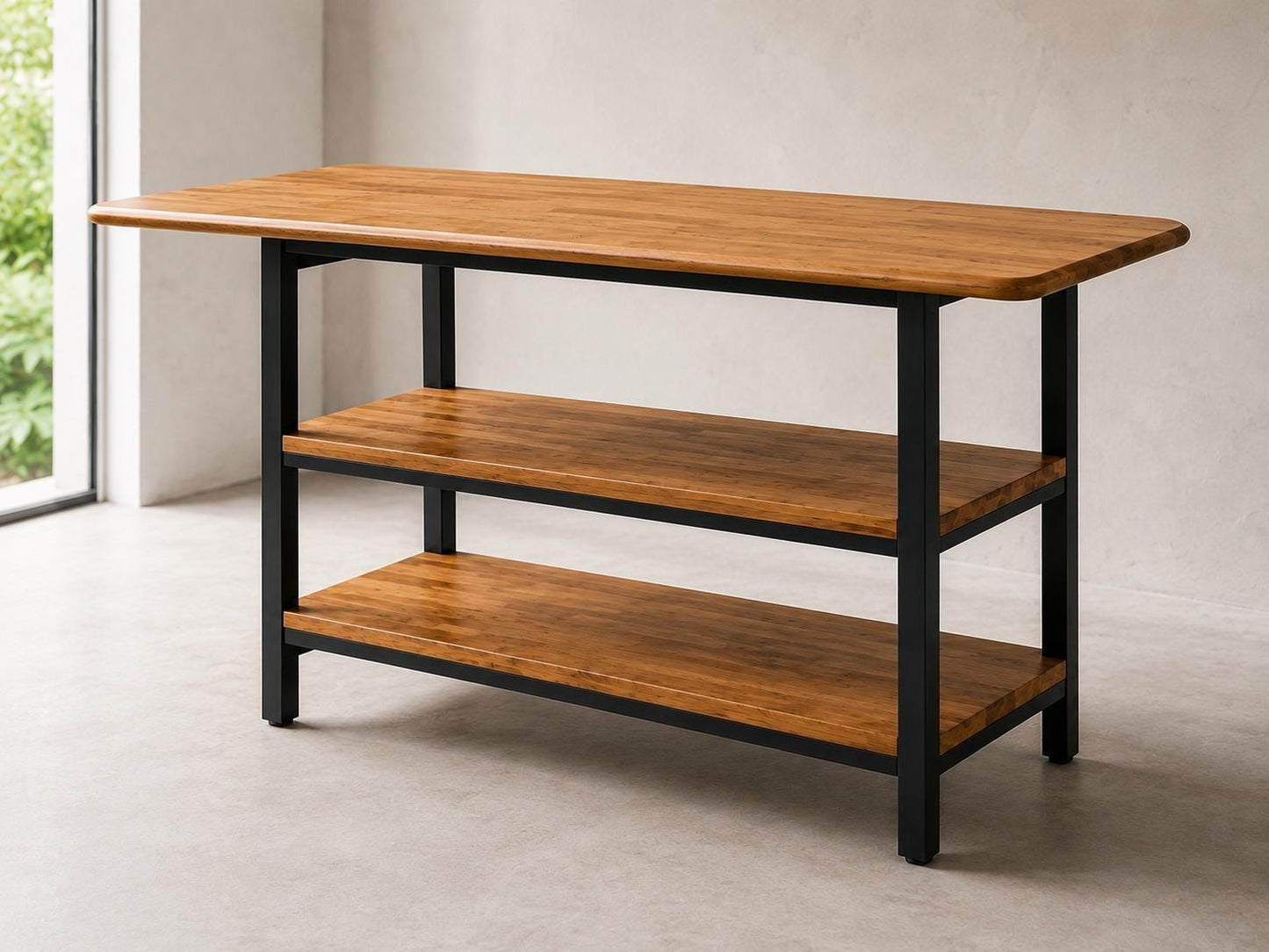 Kitchen Island with Storage – Solid Oak, Two Shelves, Black Metal Base, Custom Size