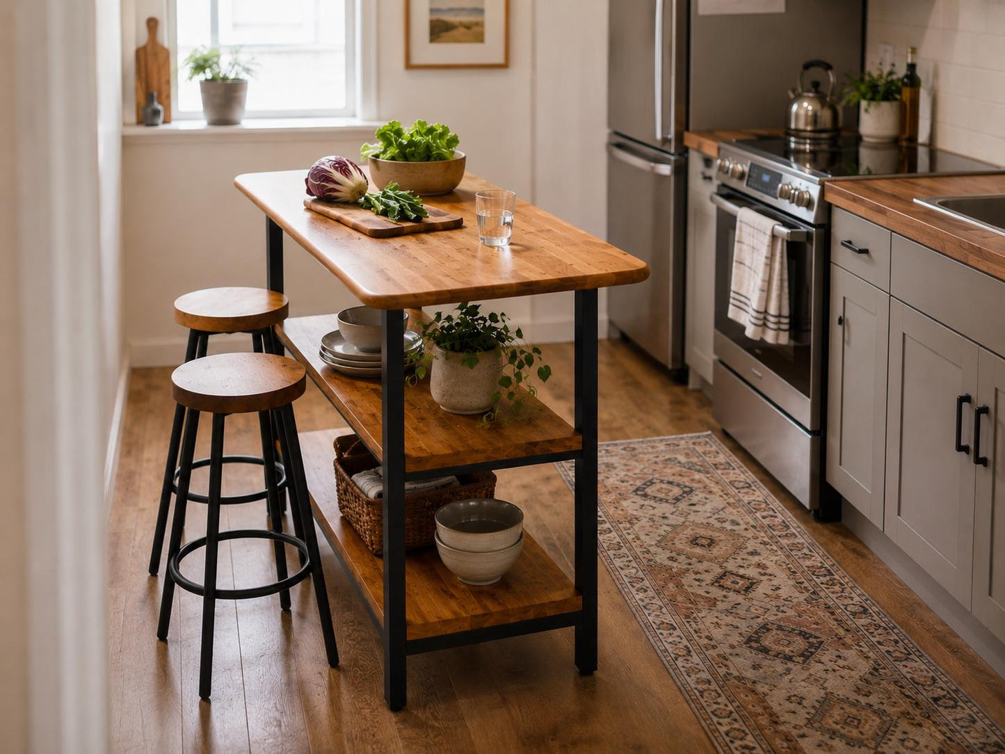 Kitchen Island with Storage – Solid Oak, Two Shelves, Black Metal Base, Custom Size