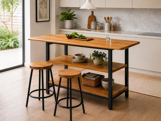 Kitchen Island with Storage – Solid Oak, Two Shelves, Black Metal Base, Custom Size