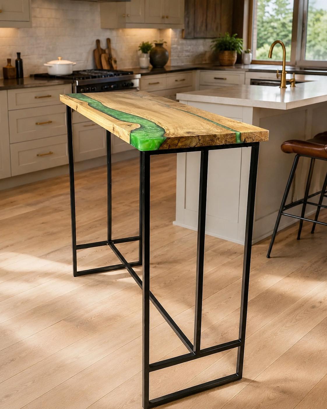 Counter Height Kitchen Island – Oak Epoxy Breakfast Bar with Footrest, Custom Size