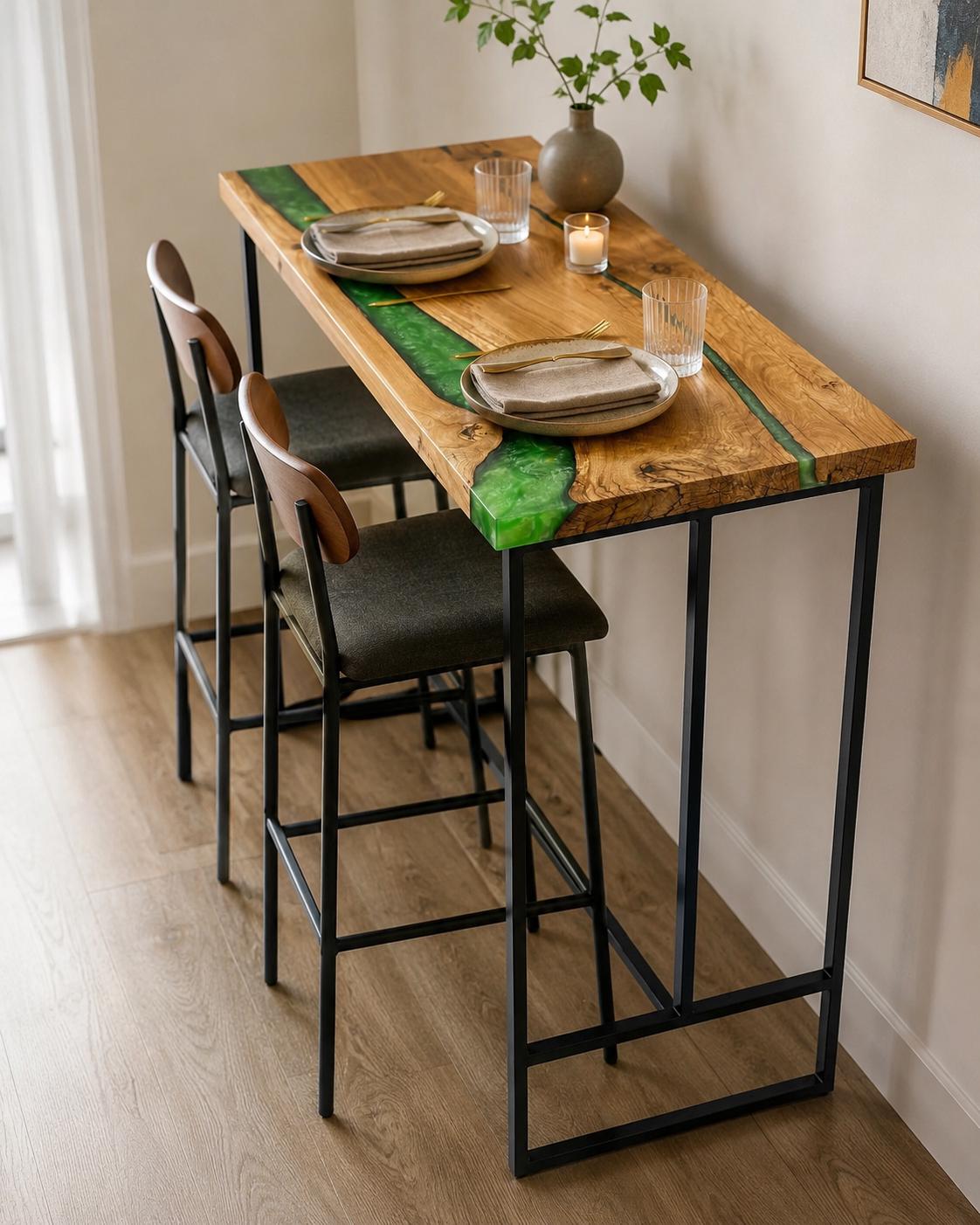 Counter Height Kitchen Island – Oak Epoxy Breakfast Bar with Footrest, Custom Size