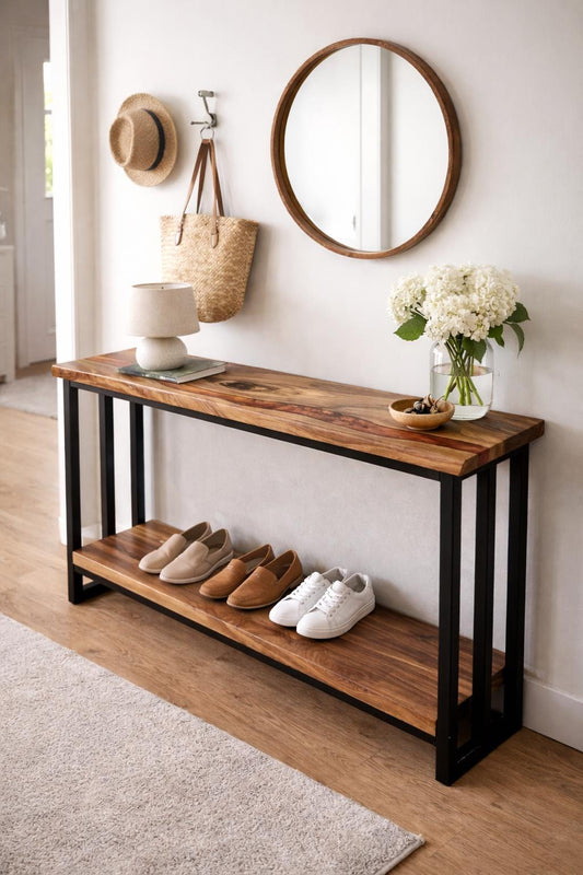 Narrow Walnut Console with Shelf – Slim Entryway Sofa Table with Epoxy Resin
