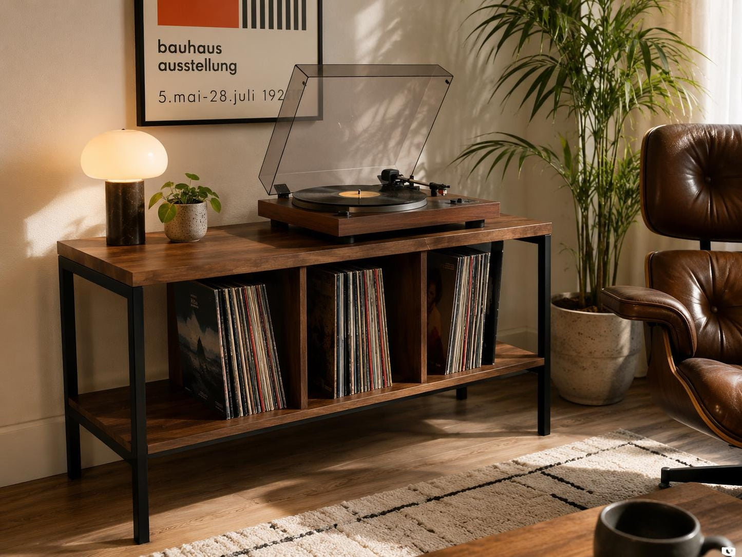 Solid Walnut Vinyl Console, LP Storage Cabinet, Turntable Stand, Steel Frame