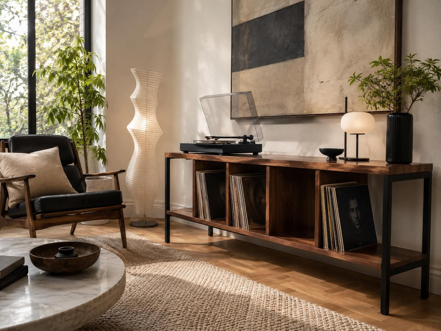 Solid Walnut Vinyl Console, LP Storage Cabinet, Turntable Stand, Steel Frame