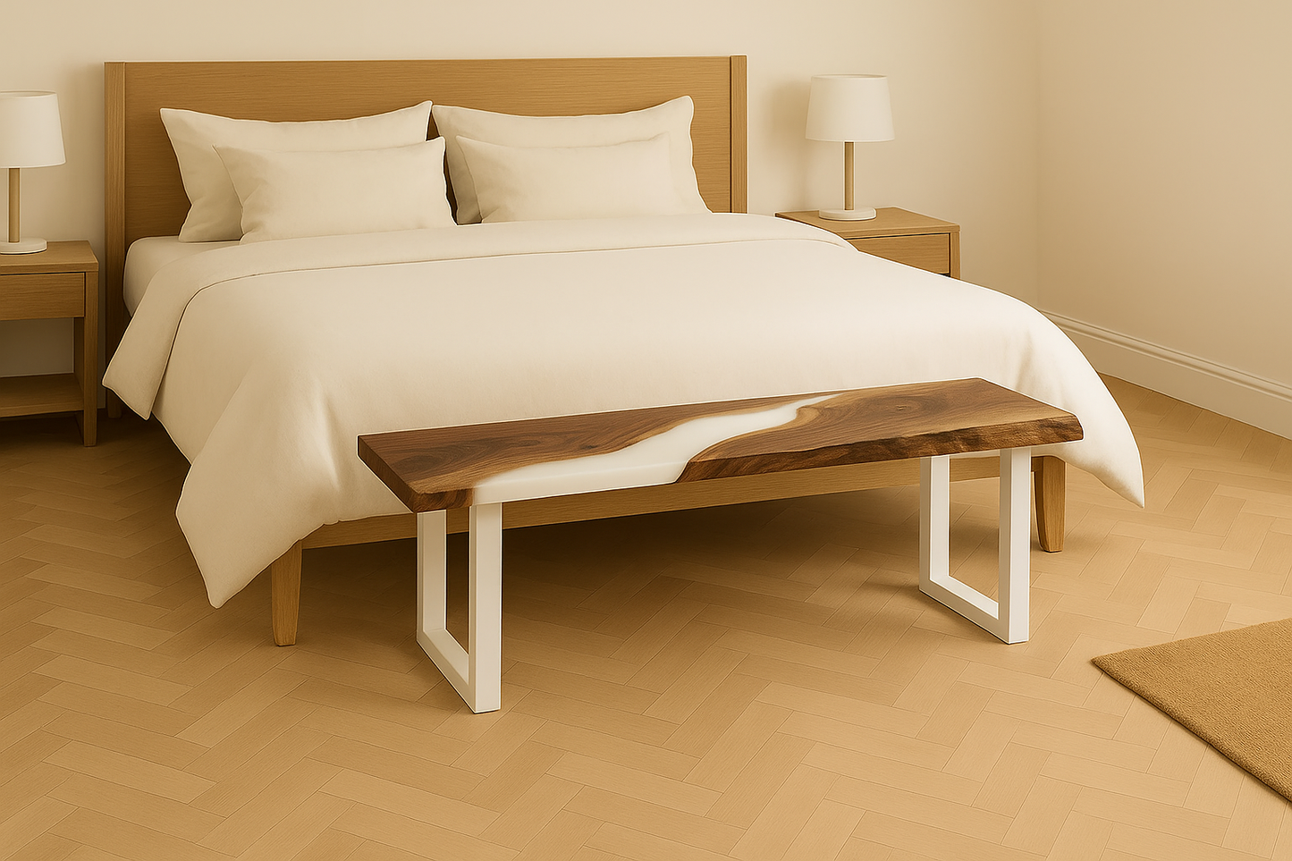 Live Edge Walnut Epoxy Bench – Custom Solid Wood Resin Bench with Metal Legs