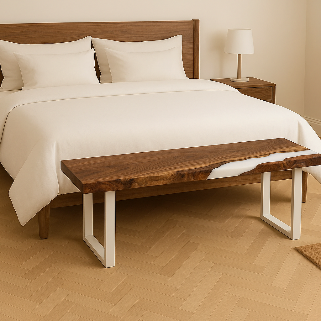 Live Edge Walnut Epoxy Bench – Custom Solid Wood Resin Bench with Metal Legs