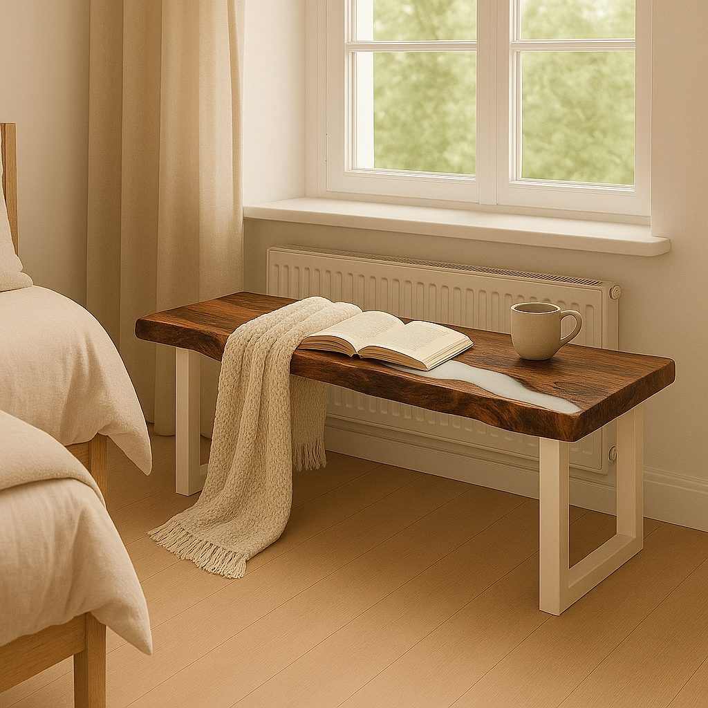 Live Edge Walnut Epoxy Bench – Custom Solid Wood Resin Bench with Metal Legs