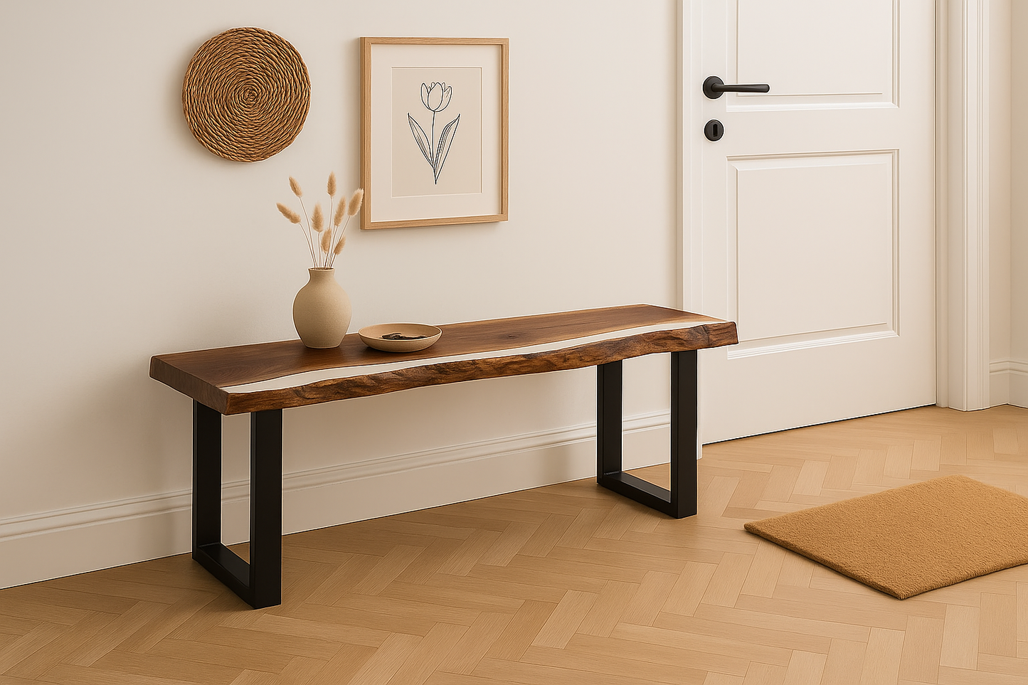 Live Edge Walnut Epoxy Bench – Custom Solid Wood Resin Bench with Metal Legs