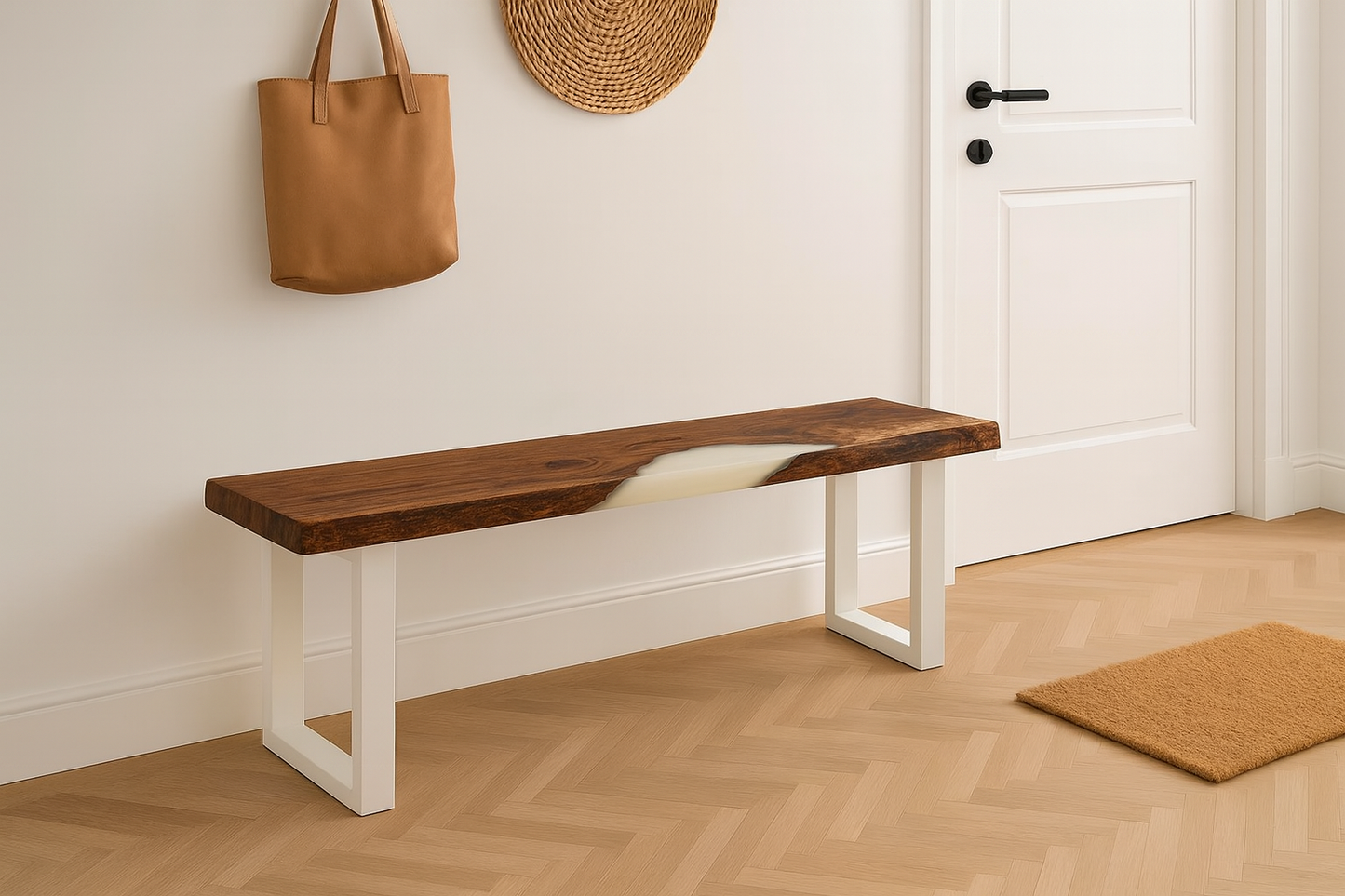 Live Edge Walnut Epoxy Bench – Custom Solid Wood Resin Bench with Metal Legs