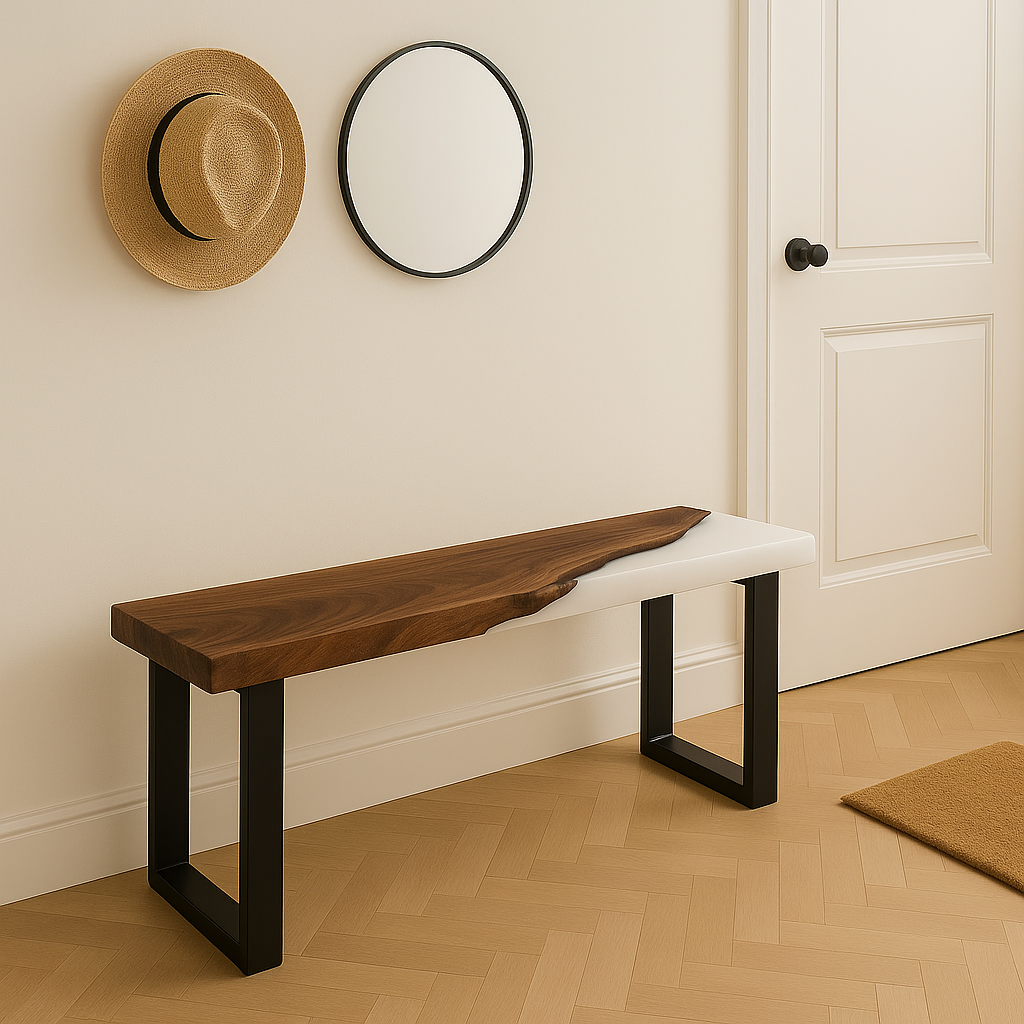 Live Edge Walnut Epoxy Bench – Custom Solid Wood Resin Bench with Metal Legs