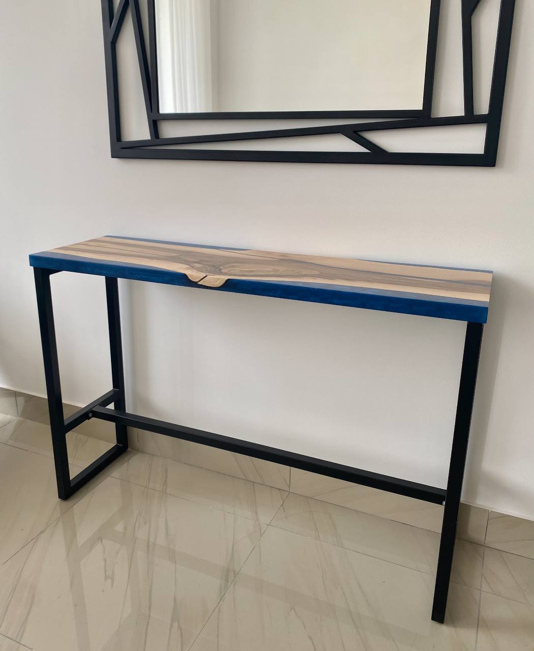 Walnut Console Table with Blue Epoxy River – Metal Base